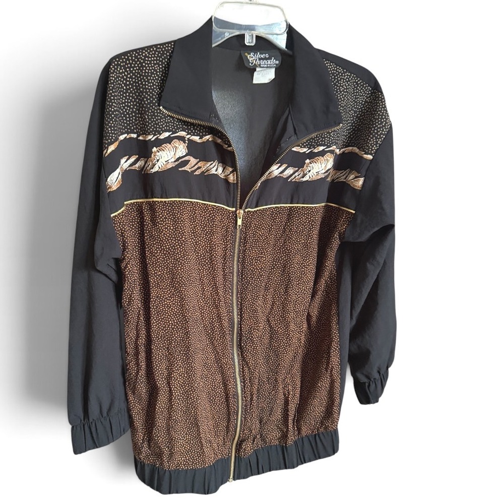 Silver Threads Track Jacket Womens Small Black Tiger Print Vintage Zip Up USA